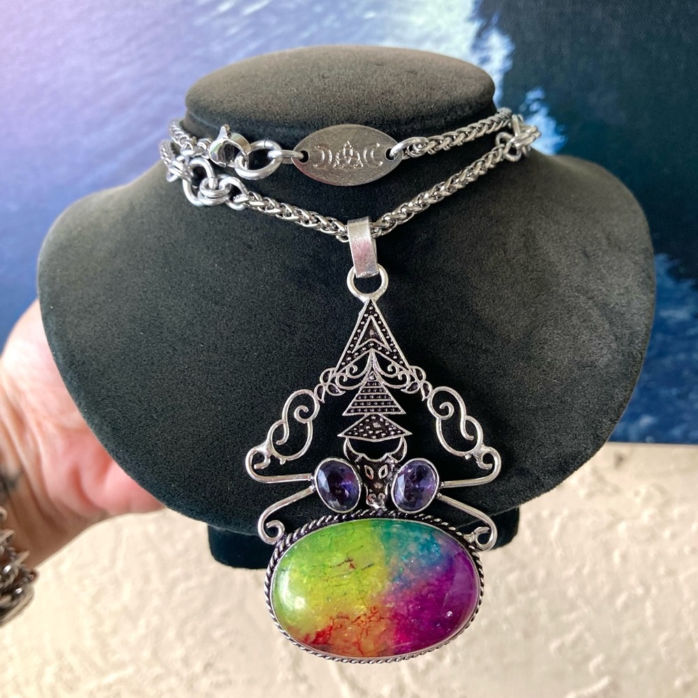 925 sterling silver overlay amethyst & Rainbow solar quartz stone charm necklace